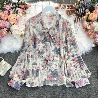 Long-sleeve Bow-neck Floral Blouse