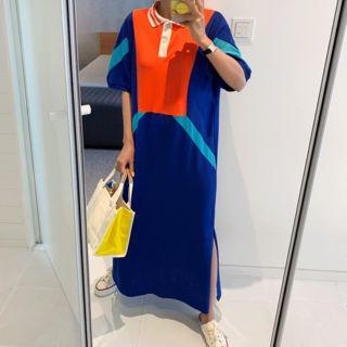 Half-placket Color-block Long Dress