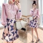 Set: Puff-sleeve Lace Trim Blouse + A-line Skirt