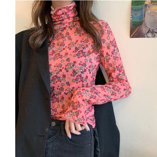 Long-sleeve Mock-neck Floral Mesh Top