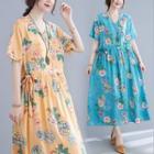 V-neck Drawstring-waist Floral Midi A-line Dress