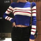 Long-sleeve Color Block Cropped Knit Top / Cut Out Skinny Jeans