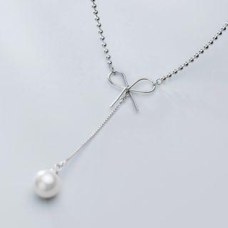 925 Sterling Silver Bow Faux Pearl Pendant Necklace As Shown In Figure - One Size