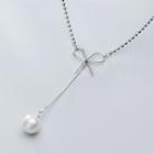 925 Sterling Silver Bow Faux Pearl Pendant Necklace As Shown In Figure - One Size