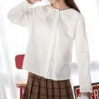 Long-sleeve Wide-collar Frill Trim Blouse White - One Size