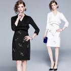 Mock Two-piece 3/4-sleeve V-neck Dress