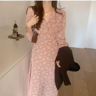 Long-sleeve V-neck Floral Midi A-line Dress