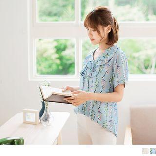 Lace-up Ruffled Print Chiffon Top