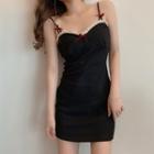 Short-sleeve Lace Trim Mini Sheath Dress / Spaghetti-strap Mini Dress / Slim Fit Top / Mini Pleated Skirt