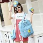 Set Of 4: Printed Canvas Backpack + Cross Bag + Pouch + Drawstring Pouch