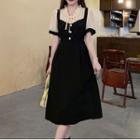 Puff-sleeve Mock Two-piece Ruffle Trim Tie Neck Midi Dress