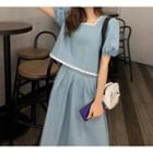 Set: Square-neck Puff-sleeve Blouse + Midi A-line Skirt Light Blue - One Size