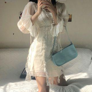 Set: Long-sleeve Sheer A-line Mini Dress + Slipdress
