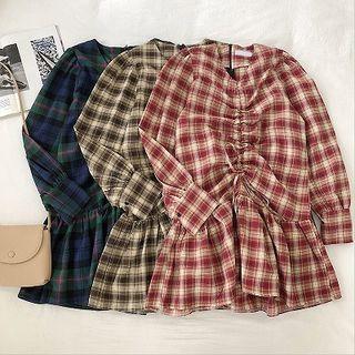 Plaid V-neck Frilled Long-sleeve Ruffled-trim Dress