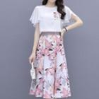 Set: Short-sleeve Floral Print Blouse + Floral Print A-line Skirt