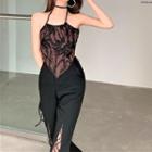 Sleeveless Halter Top / Lace Cut-out Pants