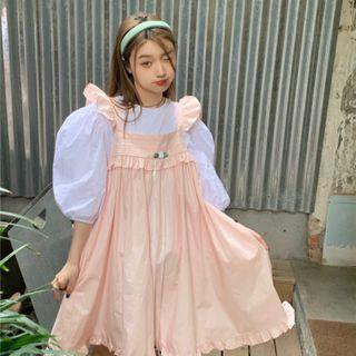 Puff-sleeve Blouse / Ruffle Trim Mini A-line Overall Dress