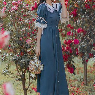 Short-sleeve Lace Trim Button-up Midi Dress