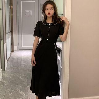 Short-sleeve Collared Buttoned Midi A-line Dress