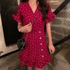 Heart Print Short-sleeve Mini A-line Dress Red - One Size
