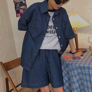 Pocket Detail Elbow-sleeve Denim Shirt / Shorts