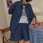 Pocket Detail Elbow-sleeve Denim Shirt / Shorts