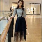 Set: Striped Short-sleeve T-shirt + Suspender Midi Skirt As Shown In Figure - One Size