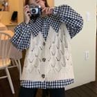 Plaid Blouse / Pointelle Knit Button-up Sweater Vest