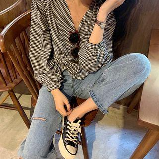 Long-sleeve Knotted Gingham Blouse