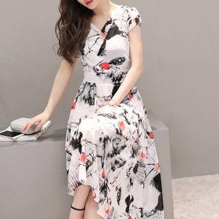 Cap-sleeve Patterned A-line Midi Dress