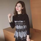 Mock Two Piece Lace Trim Long Sleeve Knit Top