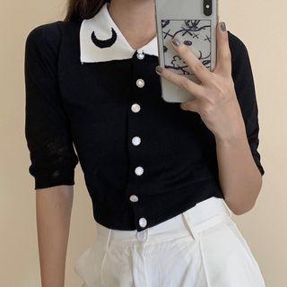 Buttoned Elbow-sleeve Knit Top Black - One Size