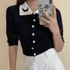 Buttoned Elbow-sleeve Knit Top Black - One Size