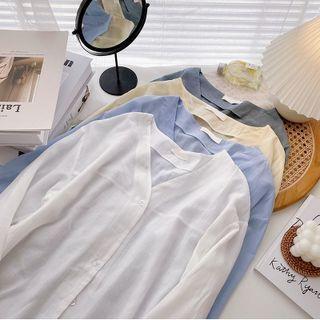 Long-sleeve V-neck Plain Light Blouse