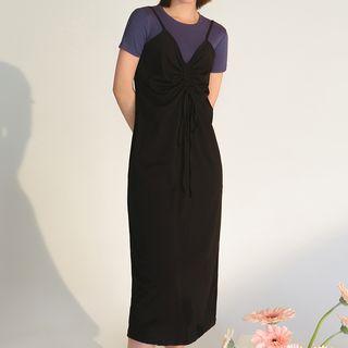 Drawstring Midi Spaghetti Strap Dress Black - One Size