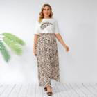 Plus Size Set: Short Sleeve Leopard Print T-shirt + A-line Skirt