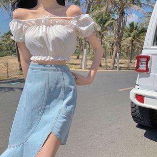 Short-sleeve Off-shoulder Blouse / Asymmetrical Denim Pencil Skirt