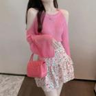Long-sleeve Off-shoulder Plain Knit Top / High-waist Floral Layered Skirt