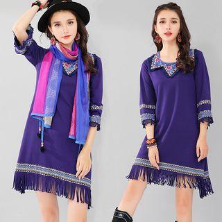 Print Panel 3/4-sleeve A-line Fringe Dress