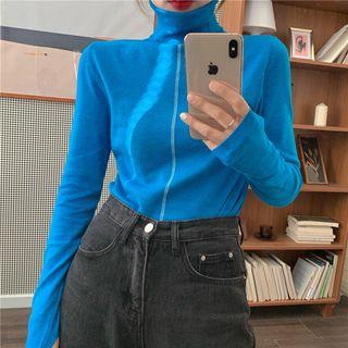 Long-sleeve Turtle-neck T-shirt Blue - One Size