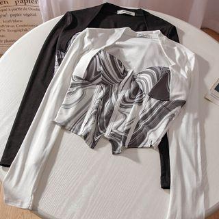 Mock Two-piece Long-sleeve Marble Print Crop Top