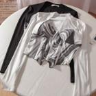 Mock Two-piece Long-sleeve Marble Print Crop Top