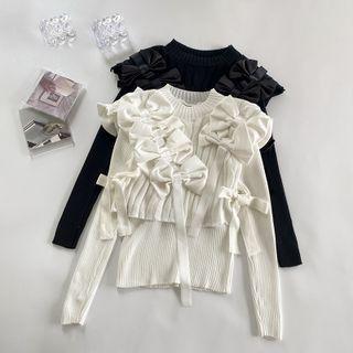 Mock-neck Knit Top / Bow Shawl