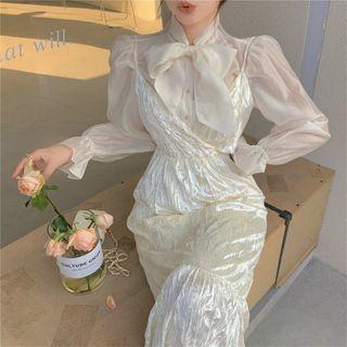 Bow-neck Blouse / Spaghetti Strap Shirred Midi A-line Dress