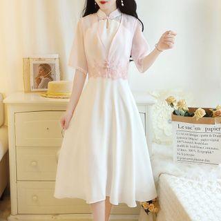 Set: Sleeveless Floral Embroidered A-line Dress + Short-sleeve Jacket