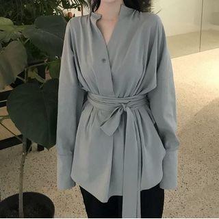 Long-sleeve Tie-waist Blouse Green - One Size