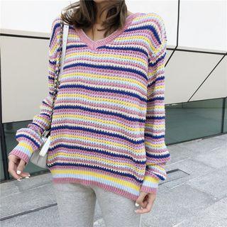V-neck Striped Knit Top As Shown In Figure - One Size
