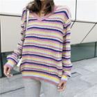 V-neck Striped Knit Top As Shown In Figure - One Size