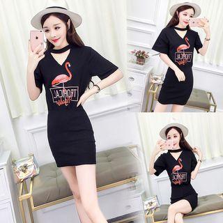 Embroidered Short-sleeve Mini Sheath Dress