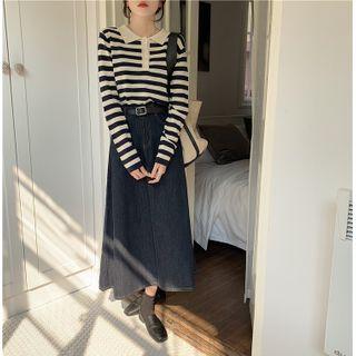 Denim Midi A-line Skirt / Striped Knit Polo Shirt
